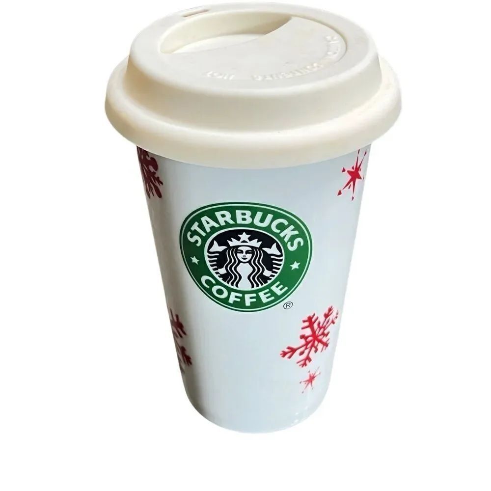 Starbucksβ2010 Ceramic Travel Mug Tumbler Winter HolidayβSnowflake